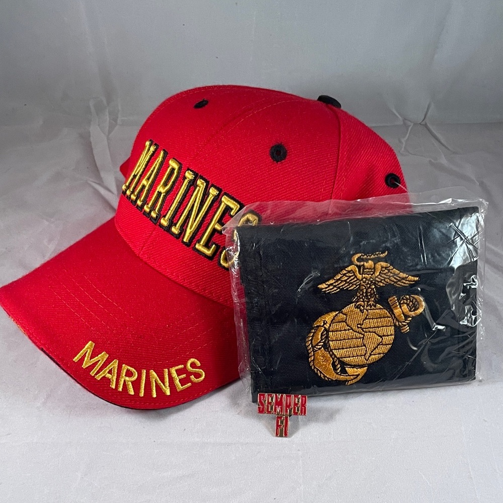 Red marine cap,marine logo bi-fold wallet and semper fi hat pin gift combo